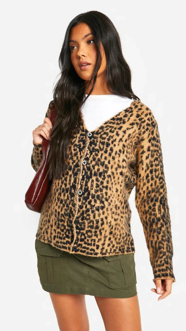 Brown Maternity Brushed Leopard Knitted Cardigan