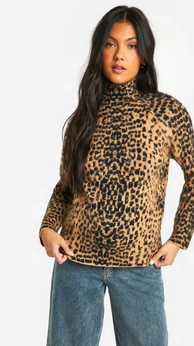 Brown Maternity Brushed Leopard Knitted Turtleneck Sweater