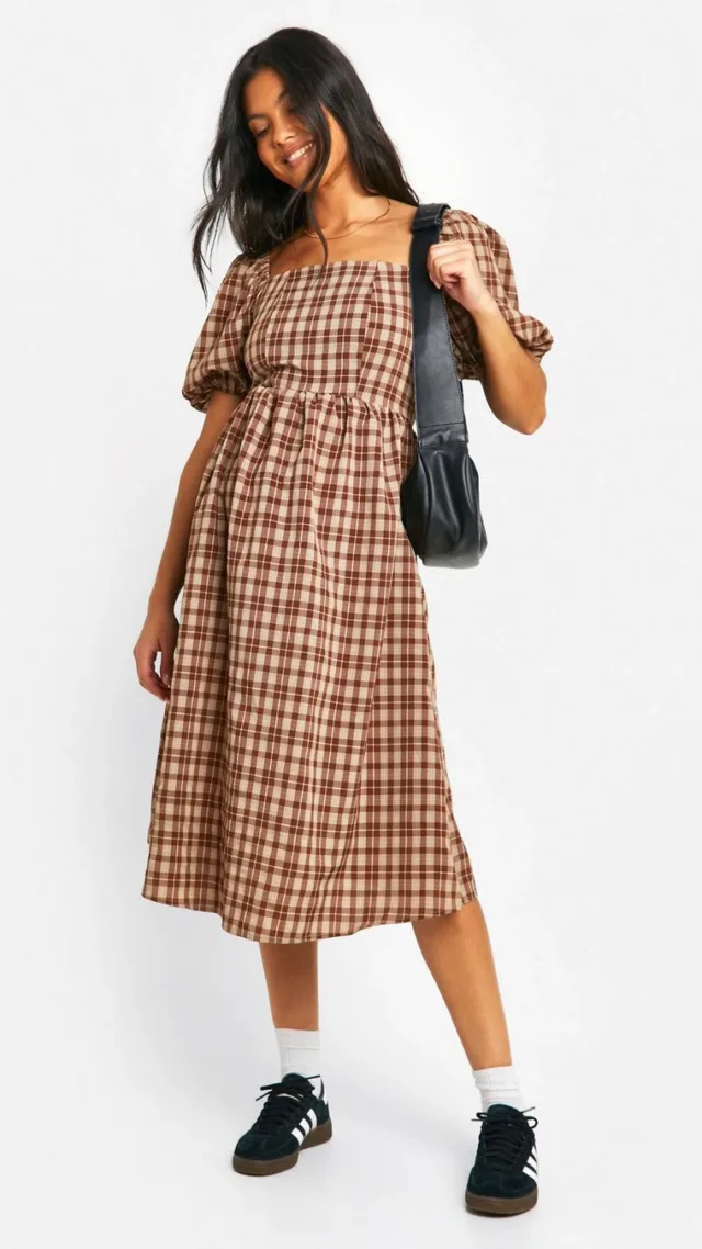 Brown Maternity Checked Midi Smock Dress