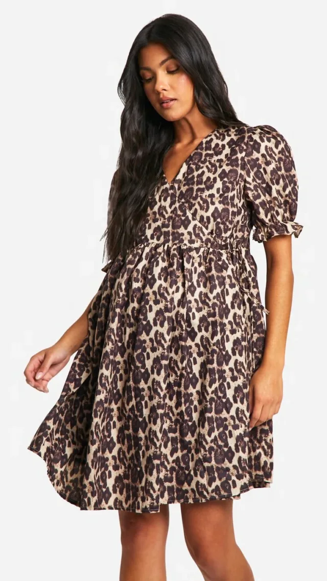 Brown Maternity Leopard Poplin Wrap Over Smock Dress