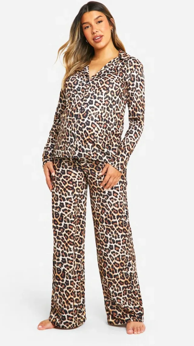 Brown Maternity Leopard Print Long Sleeve Shirt & Pants Pj Set