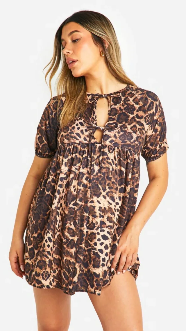 Brown Maternity Leopard Tie Front Smock Dress