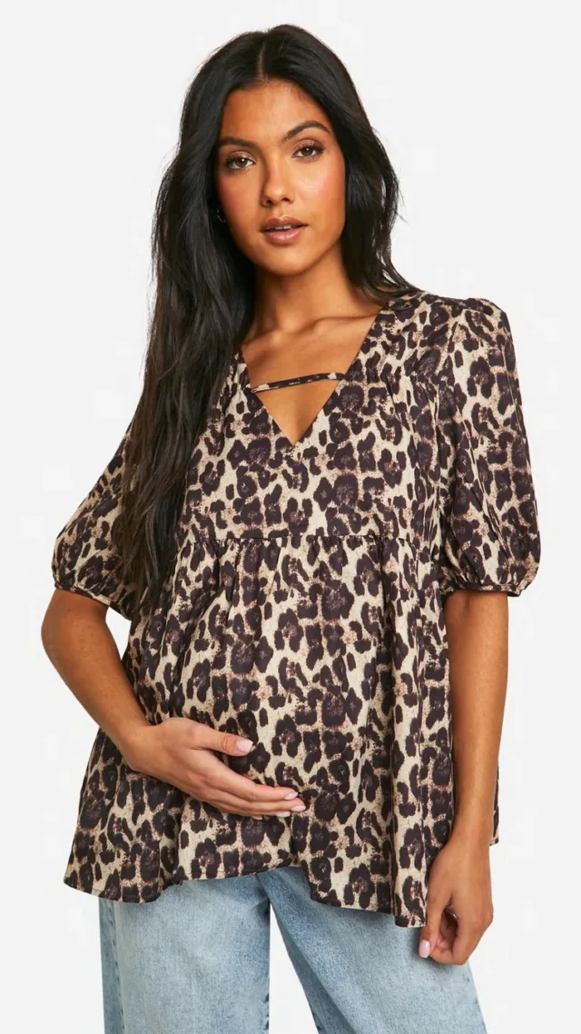 Brown Maternity Leopard V Neck Puff Sleeve Smock Top