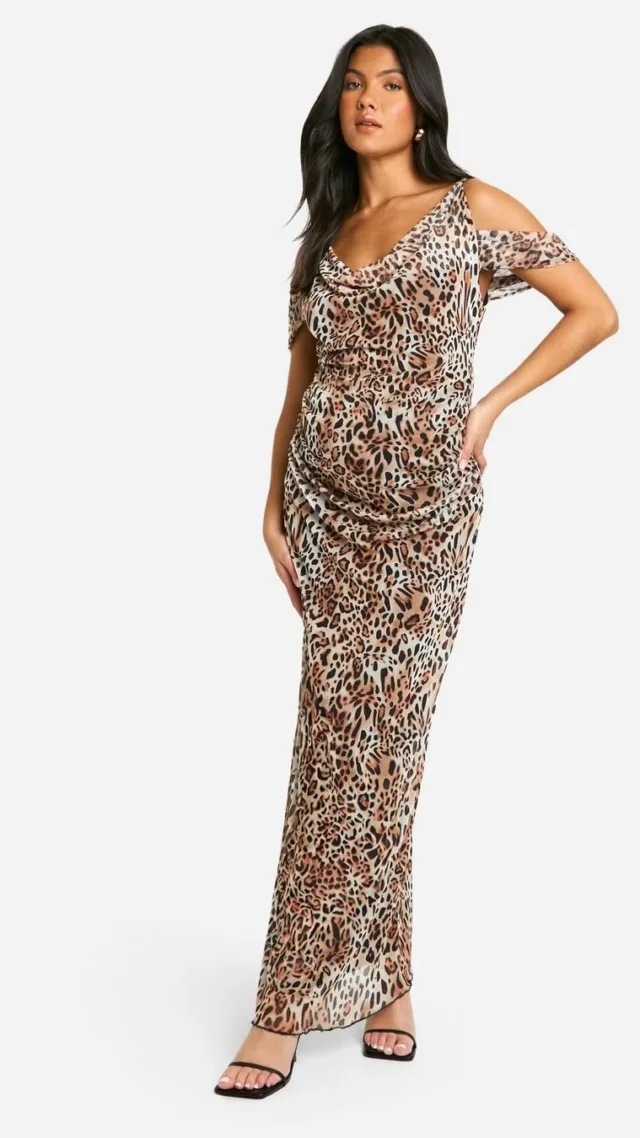 Brown Maternity Mesh Leopard Print Cowl Neck Bardot Maxi Dress