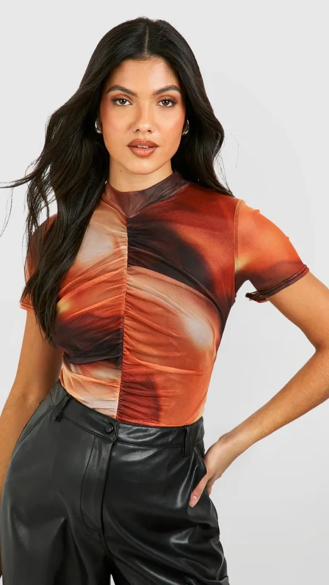 Brown Maternity Short Sleeve Abstract Mesh Top