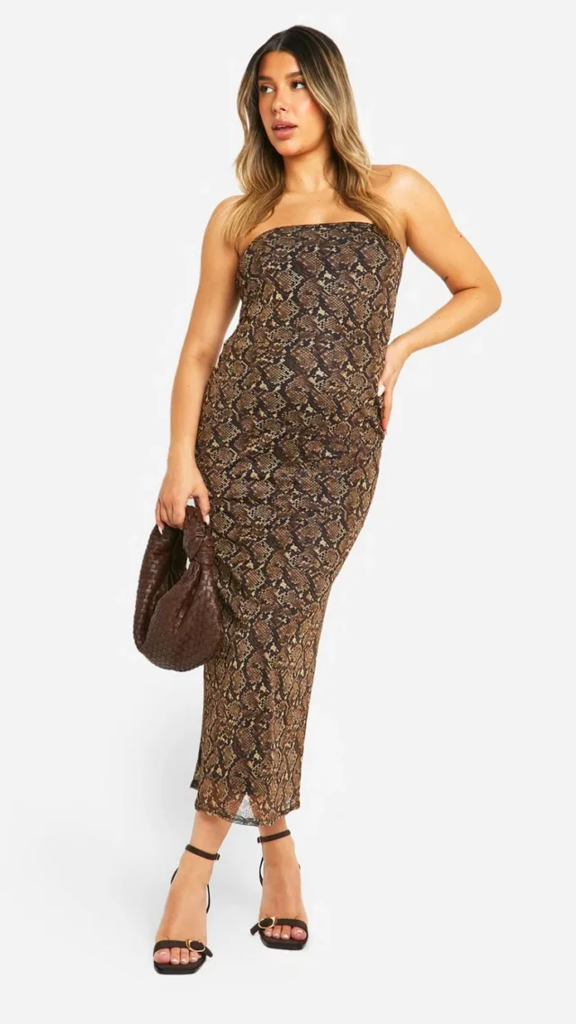 Brown Maternity Snake Print Mesh Bandeau Column Midi Dress