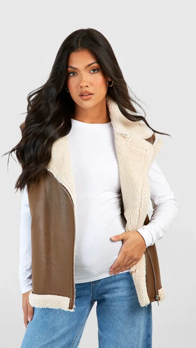 Brown Maternity Teddy Trim Faux Leather Vest