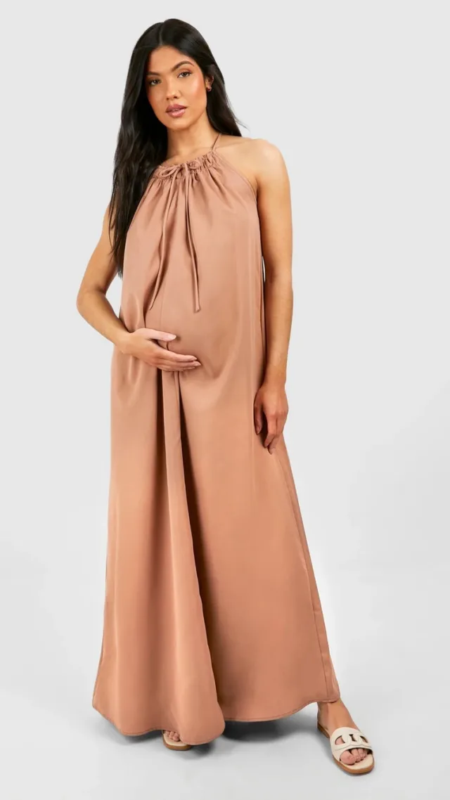 Brown Maternity Trapeze Midi Dress