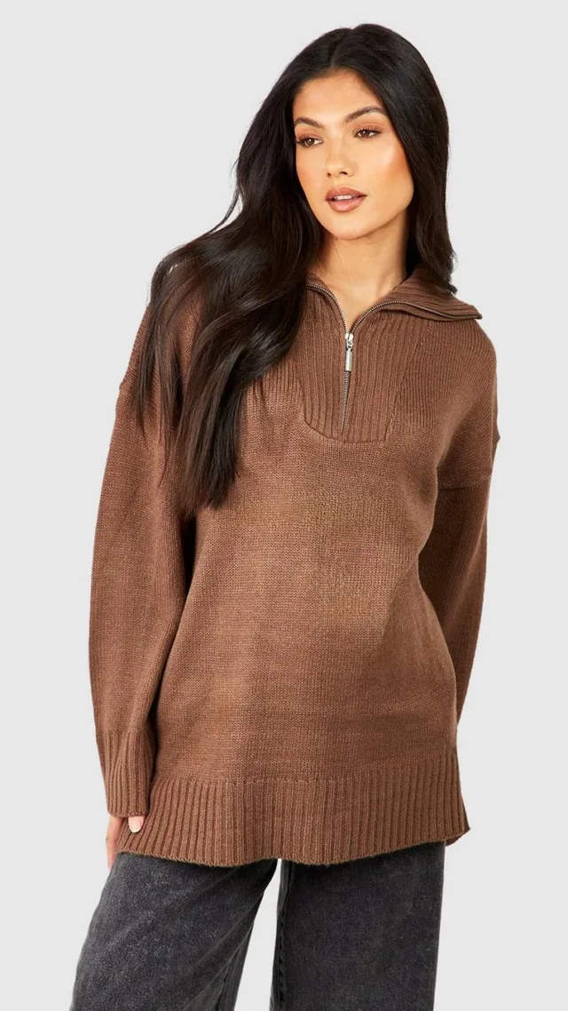 Brown Maternity Zip Collar Knitted Sweater