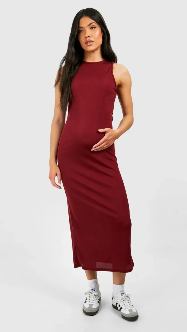 Burgundy Maternity Soft Rib Racer Neck Midi Dress