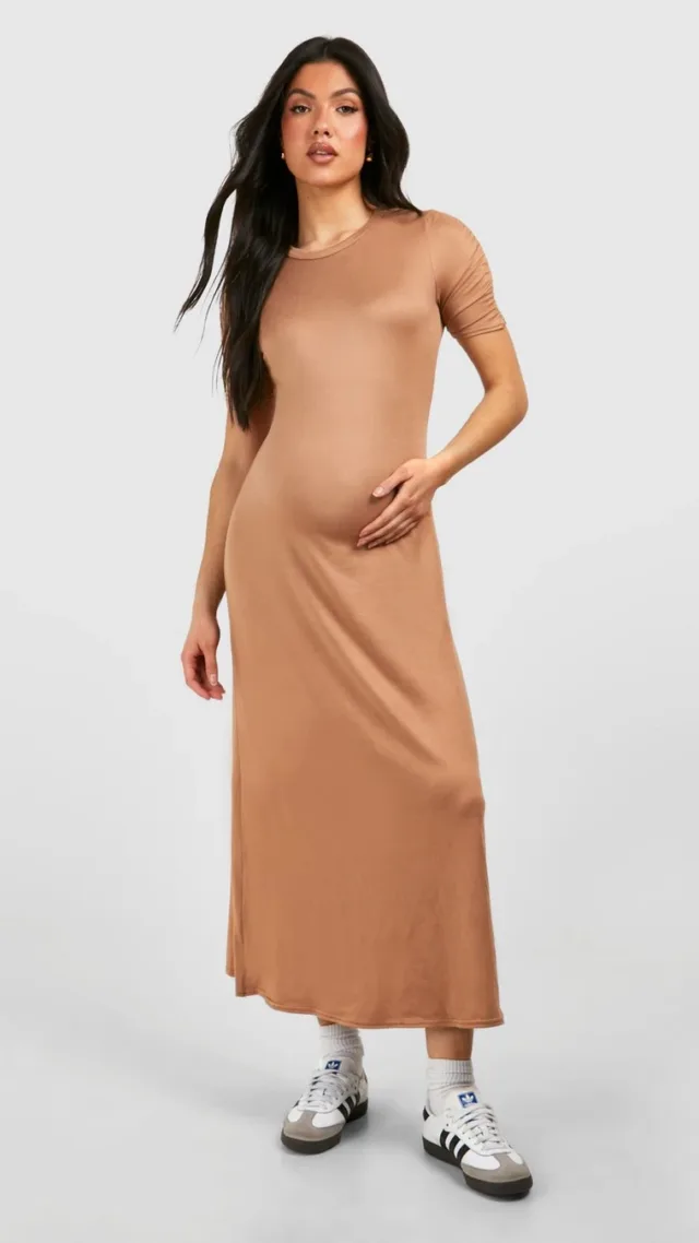 Camel Maternity Ruched Sleeve Supersoft Column Midi Dress