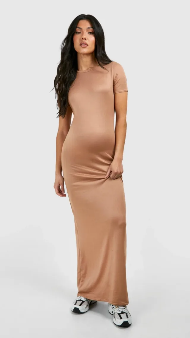 Camel Maternity Short Sleeve Supersoft Bodycon Maxi Dress