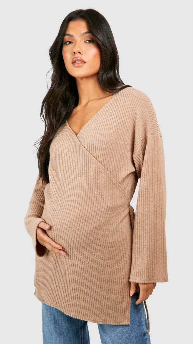 Camel Maternity Soft Rib Wrap Top