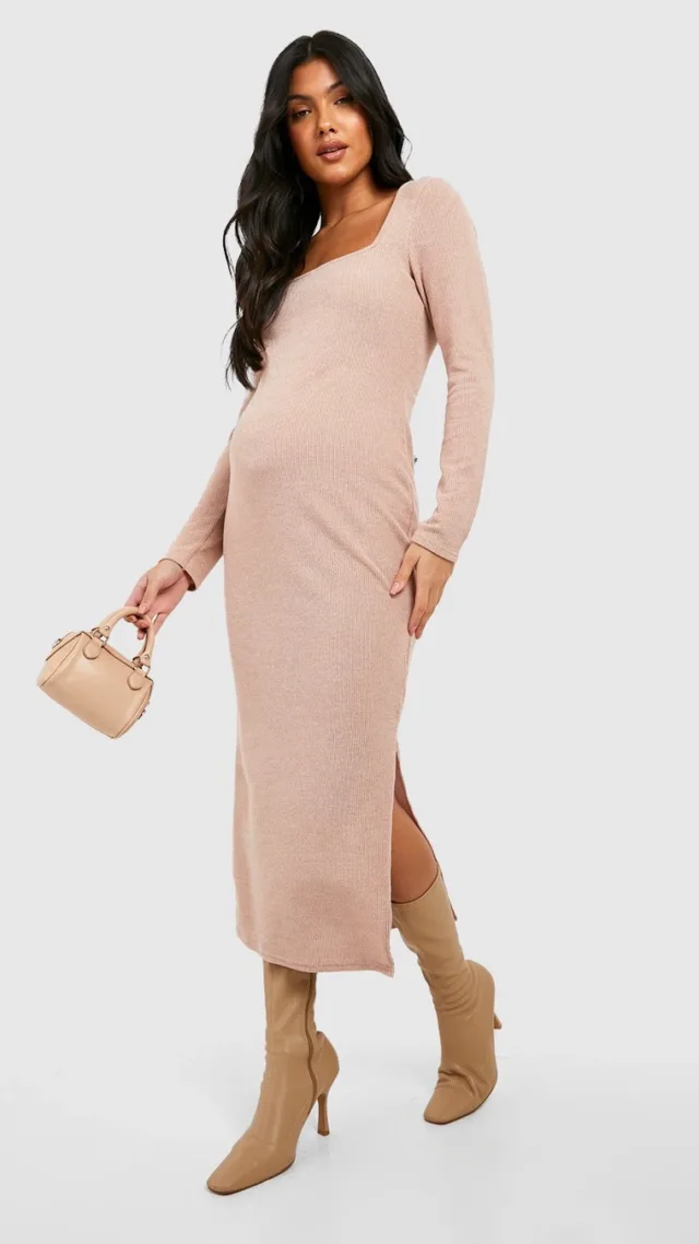 Camel Maternity Square Neck Soft Knit Sweater Dress