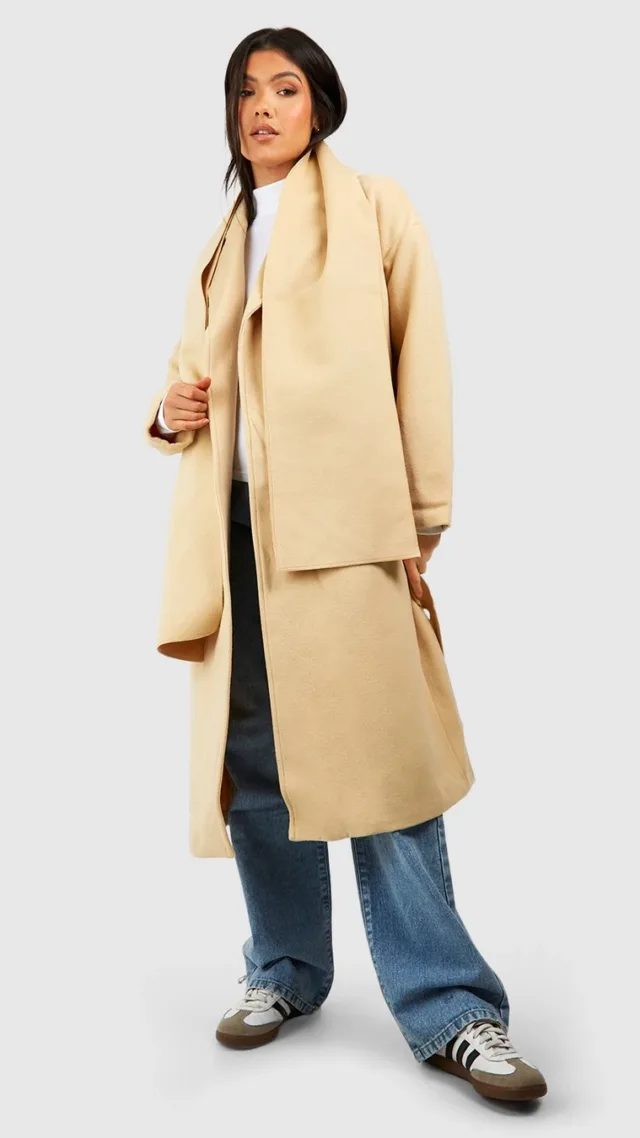 Camel Maternity Wool Wrap Coat With Scarf