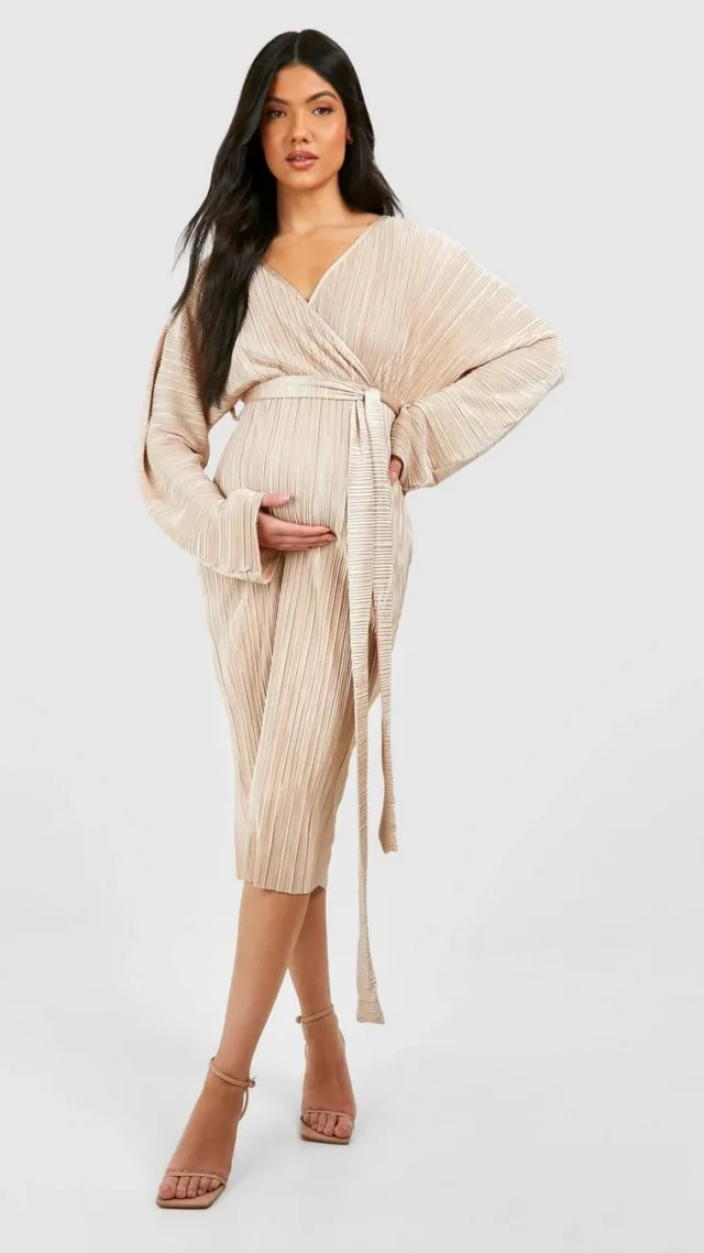 Champagne Maternity Plisse Belted Midi Dress