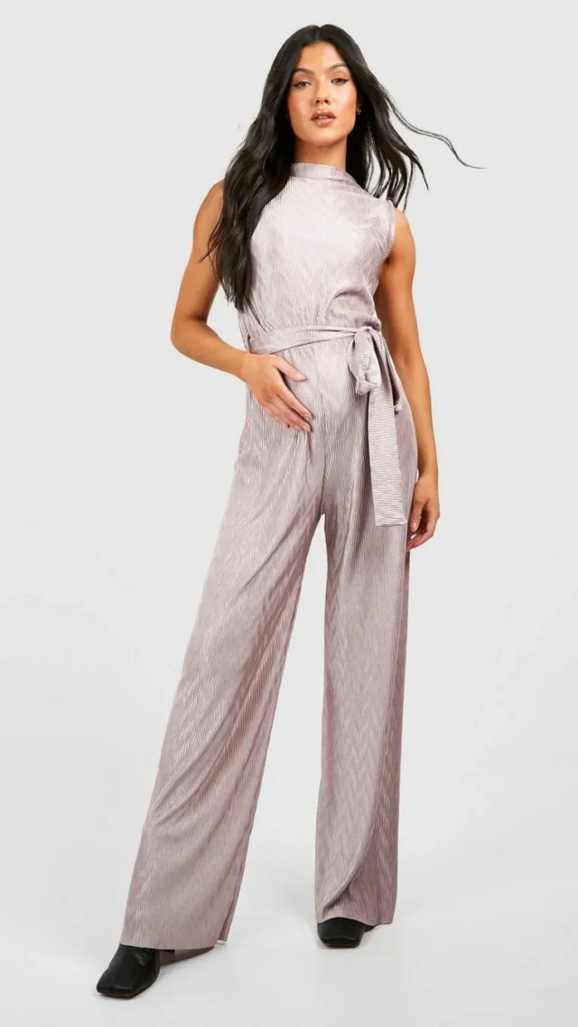 Champagne Maternity Wave Plisse Belted Wide Leg Jumpsuit