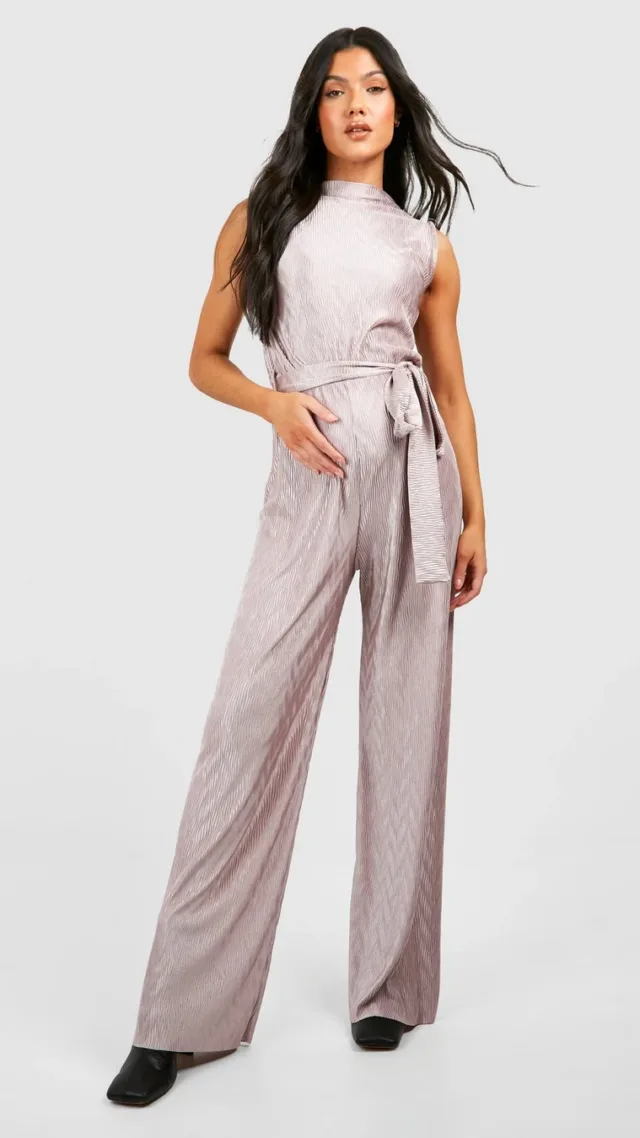 Champagne Maternity Wave Plisse Belted Wide Leg Jumpsuit