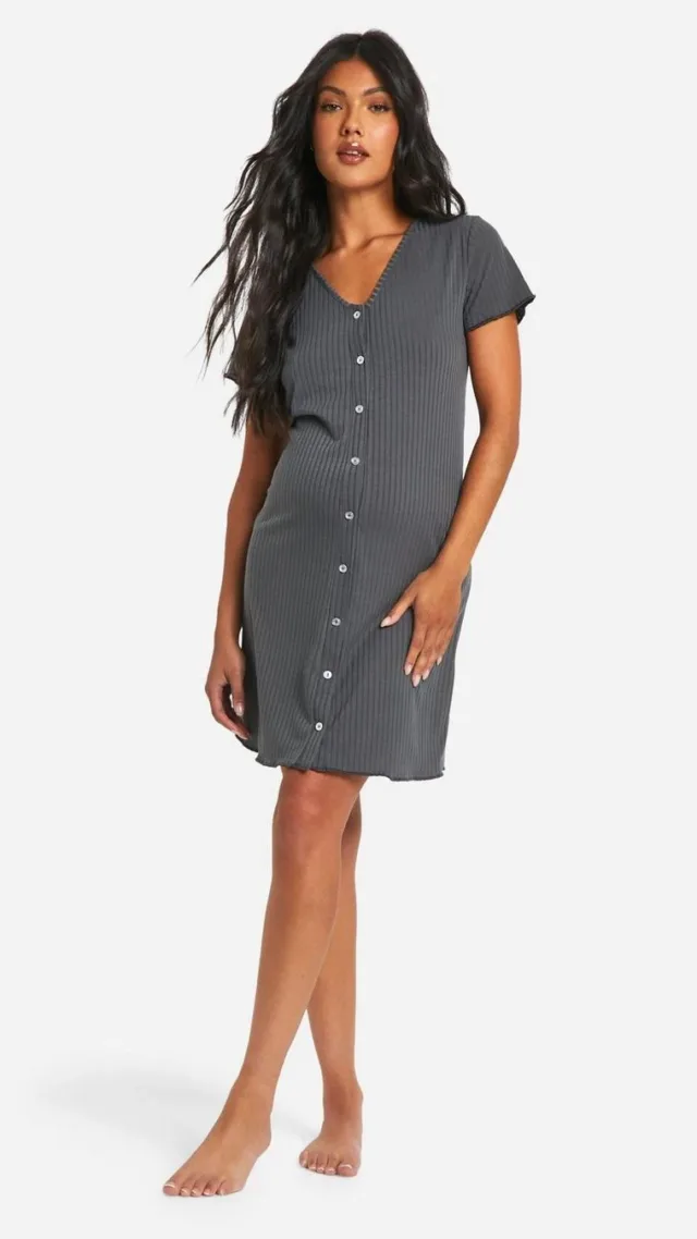 Charcoal Maternity Ribbed Button Down Nightgown