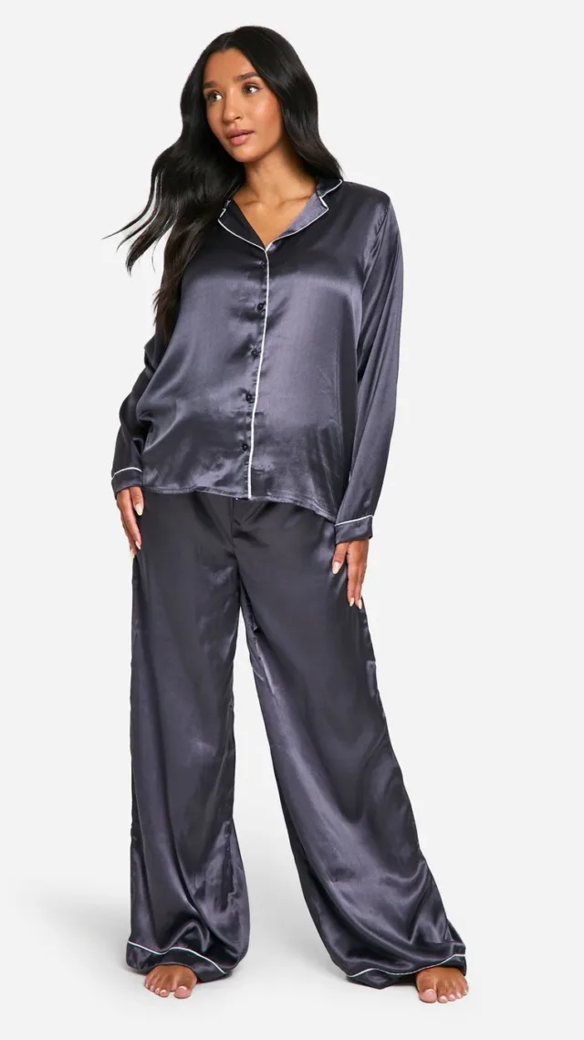 Charcoal Maternity Satin Piped Pajama Pants Set