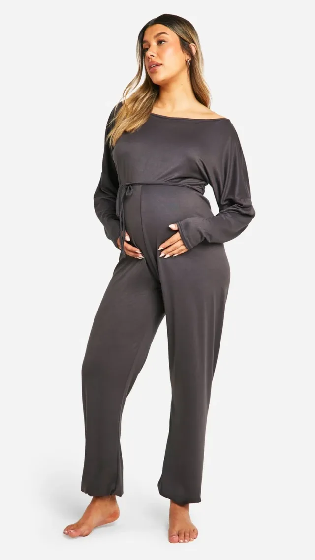 Charcoal Maternity Slash Neck Wide Leg Lounge Jumpsuit