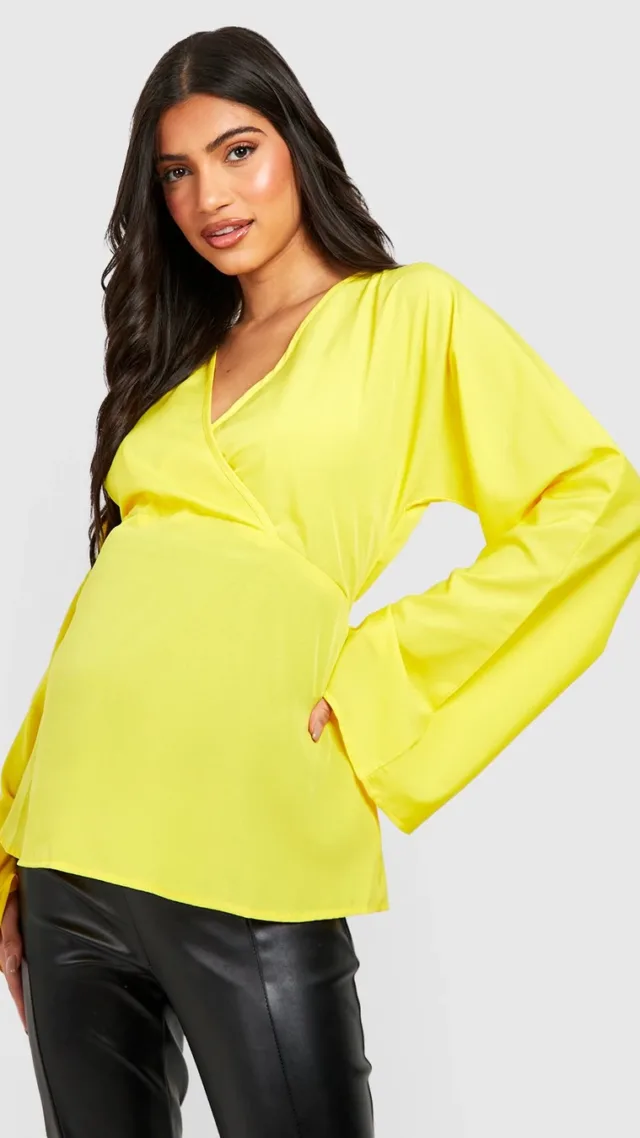 Chartreuse Maternity Kimono Sleeve Wrap Blouse