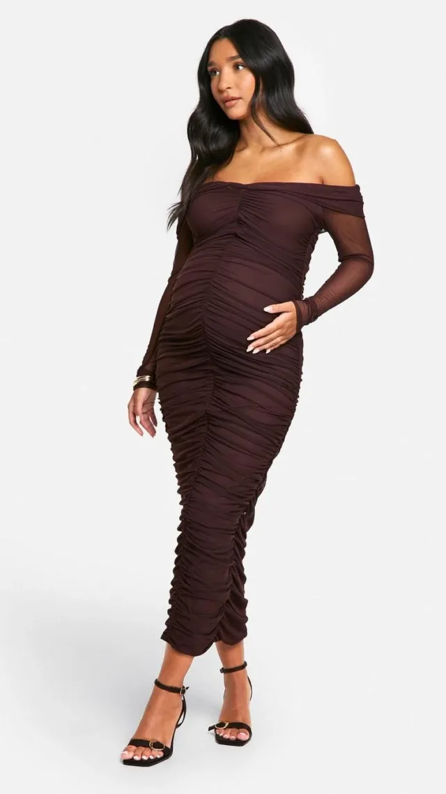 Chocolate Emily Shak Maternity Slinky Off The Shoulder Long Sleeve Ruched Midi Dress