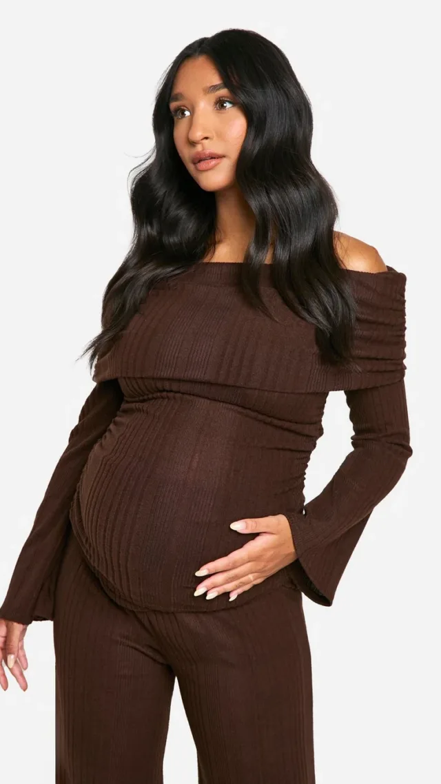 Chocolate Emily Shak Maternity Soft Rib Fold Over Off The Shoulder Ruched Side Top