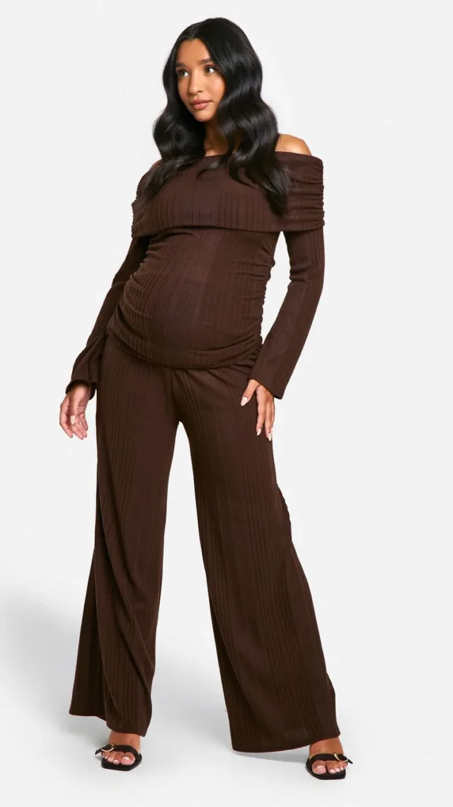 Chocolate Emily Shak Maternity Soft Rib Fold Over Ruched Waist Wide Leg Pants