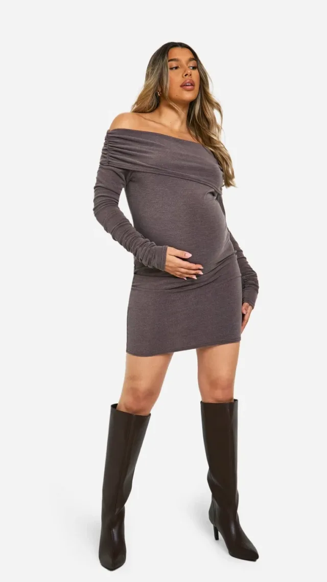 Chocolate Maternity 2 Tone Rib Off The Shoulder Ruched Detail Long Sleeve Mini Dress