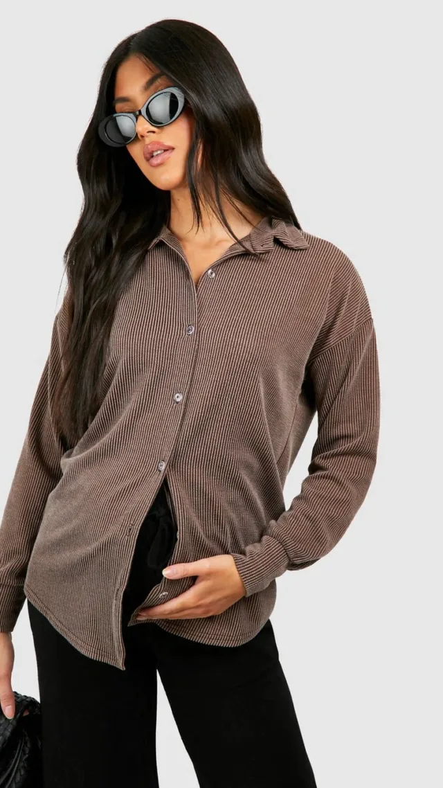 Chocolate Maternity Acid Wash Ribbed Oversized Shirt