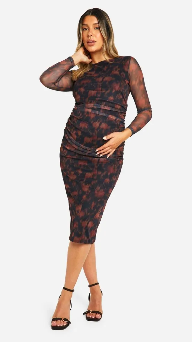 Chocolate Maternity Blurred Floral Print Mesh Ruched Detail Long Sleeve Midi Dress