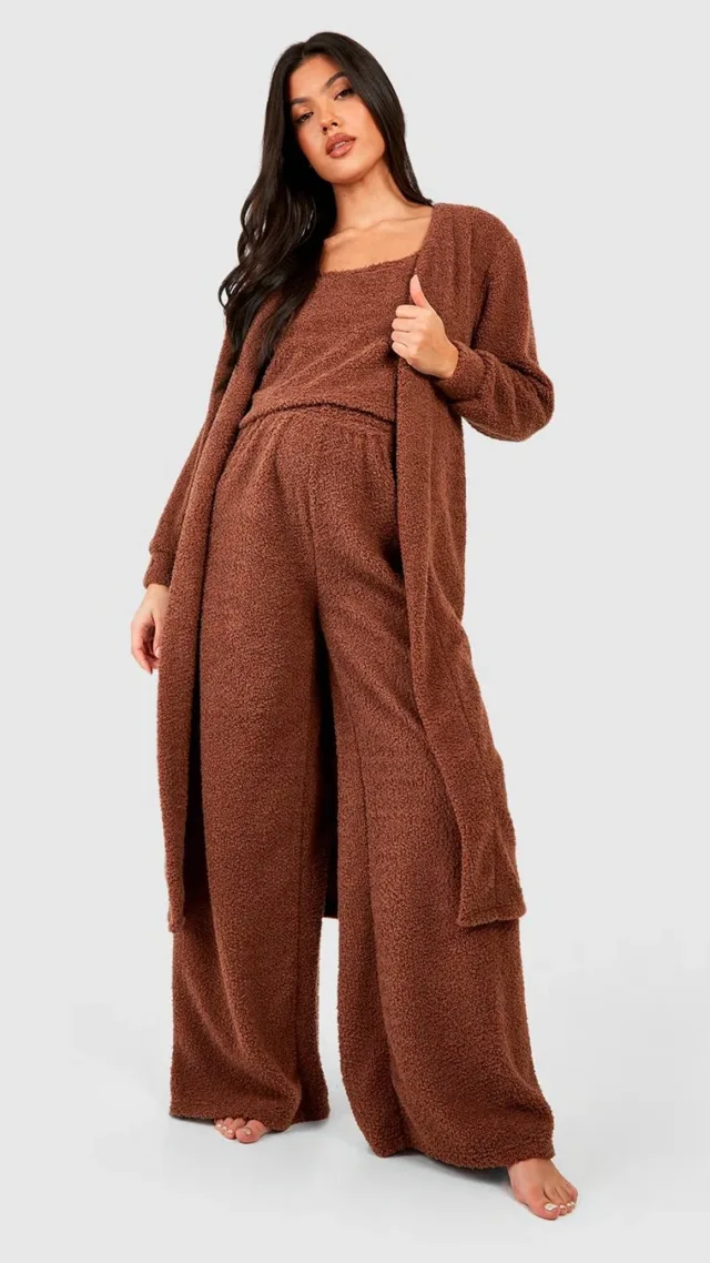 Chocolate Maternity Fluffy Borg Loungewear Maxi Cardigan