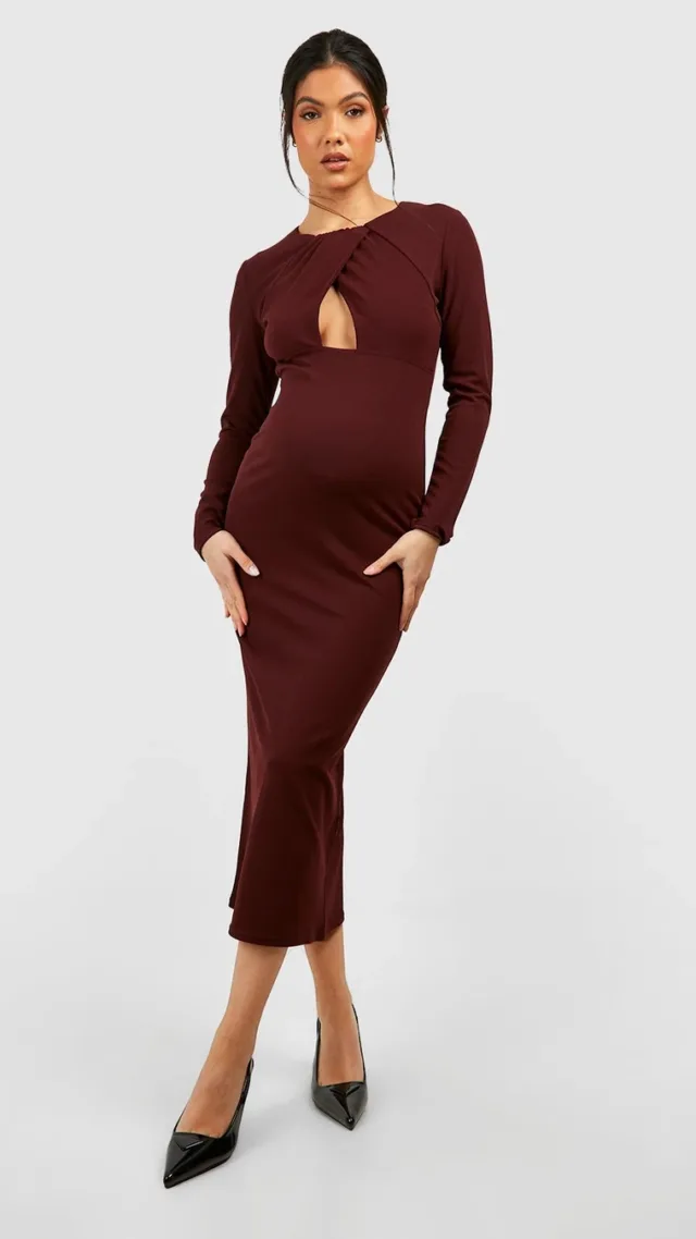 Chocolate Maternity Key Hole Midi Crepe Dress