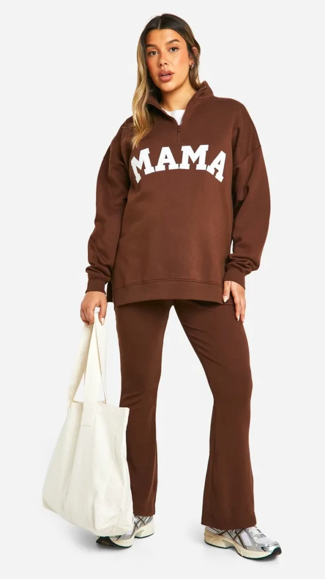 Chocolate Maternity Mama Applique Half Zip Sweatshirt And Flared Legging