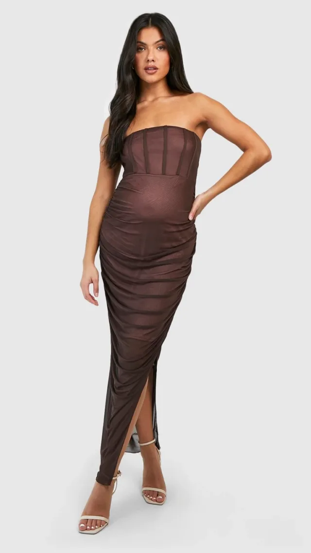 Chocolate Maternity Mesh Bandeau Midi Dress