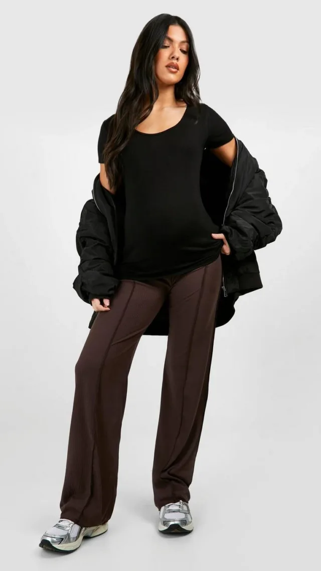 Chocolate Maternity Ribbed Seam Straight Leg Pants