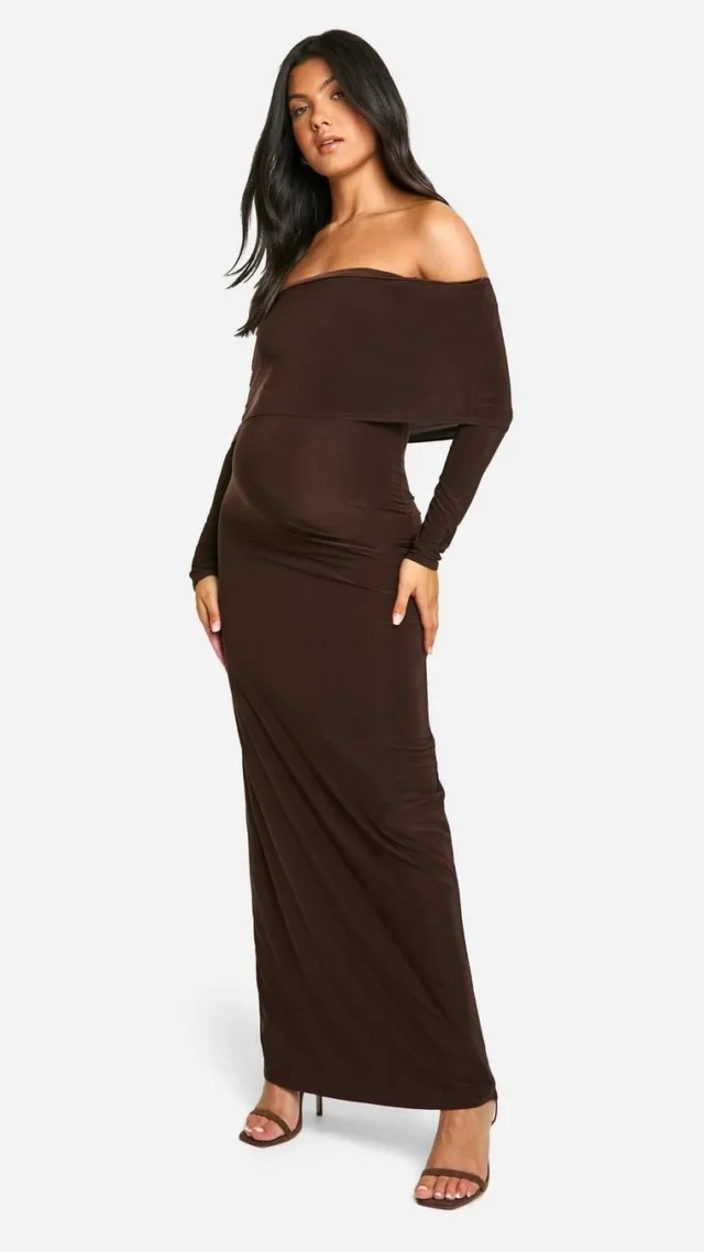 Chocolate Maternity Slinky Deep Off The Shoulder Long Sleeve Maxi Dress