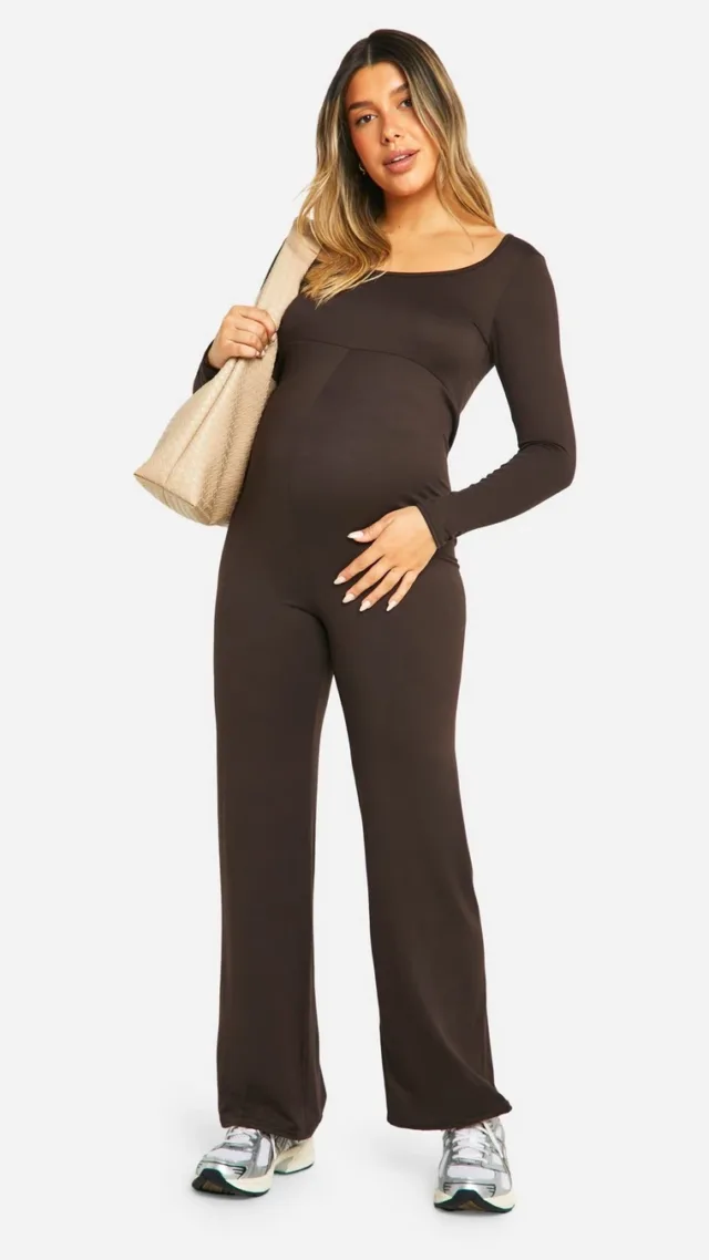 Chocolate Maternity Square Neck Super Soft Ribbed Jumpsuit