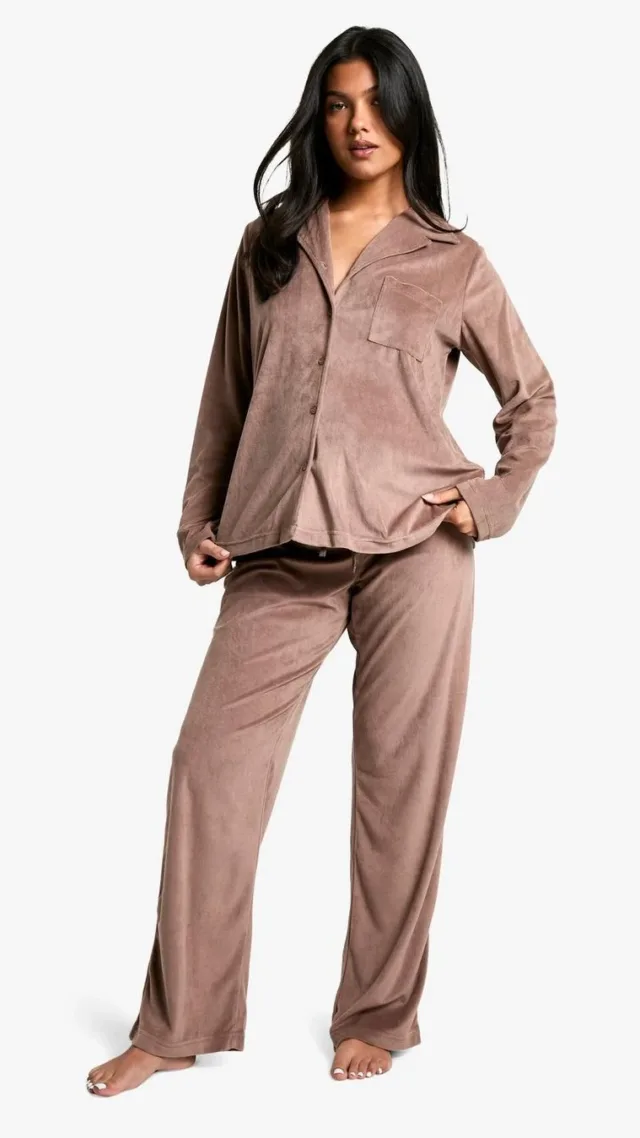 Chocolate Maternity Velour Fleece Button Up Pj Set