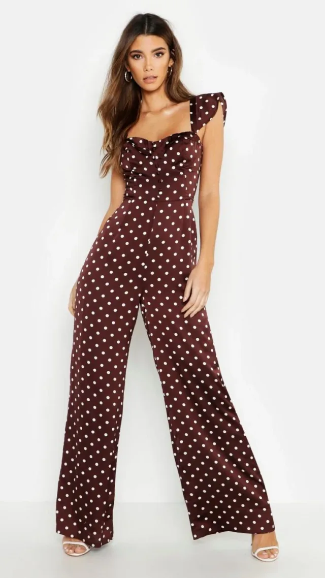 Chocolate Polka Dot Satin Sweetheart Button Jumpsuit