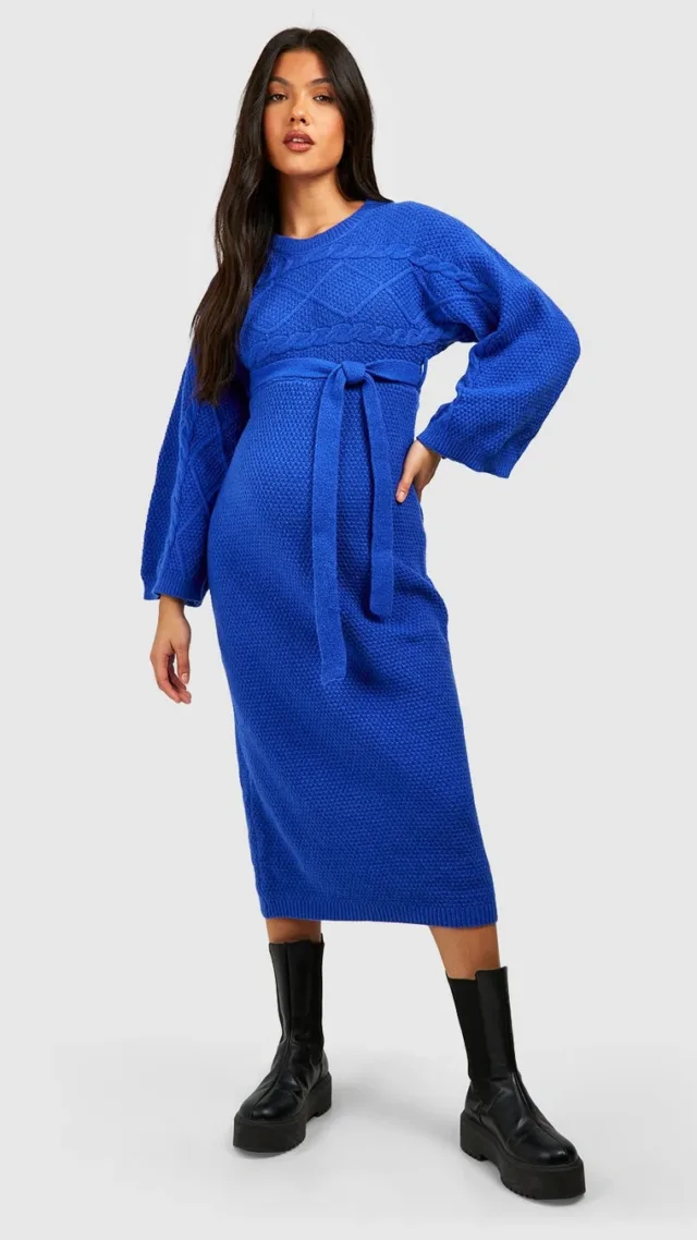 Cobalt Maternity Cable Knit Batwing Belted Sweater Dress