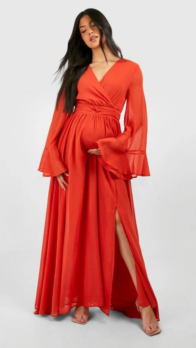 Coral Maternity Chiffon Flared Sleeve Maxi Dress