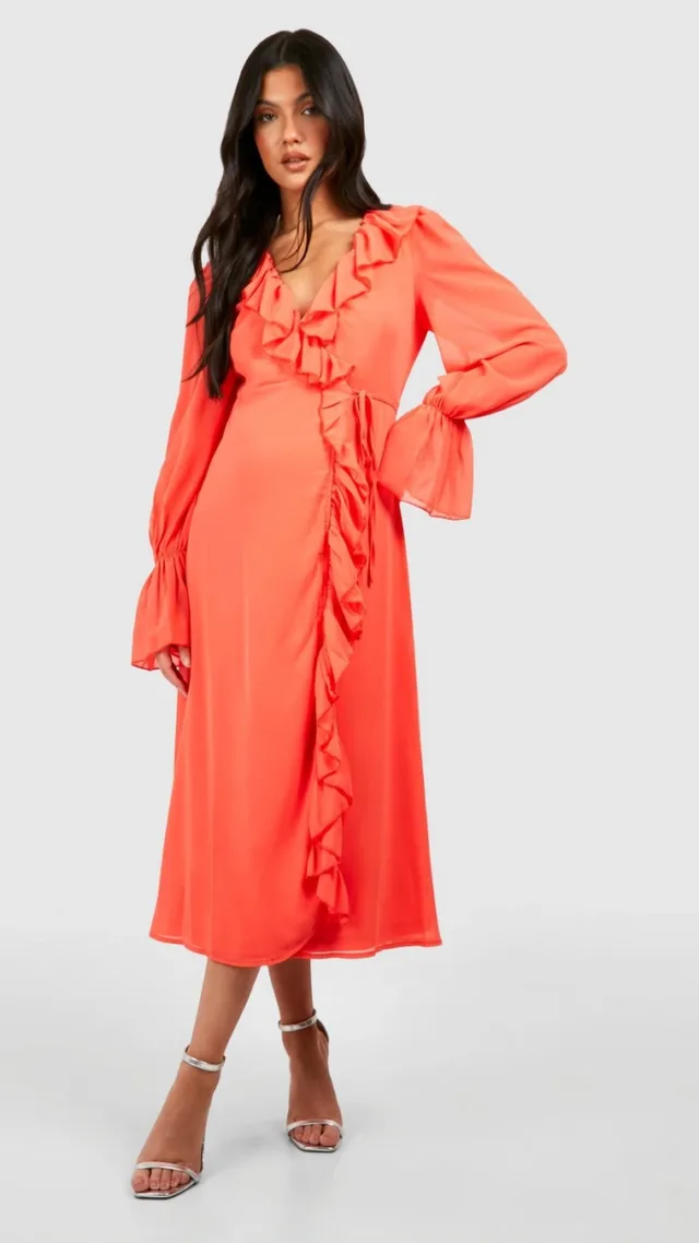 Coral Maternity Chiffon Ruffle Wrap Midi Dress