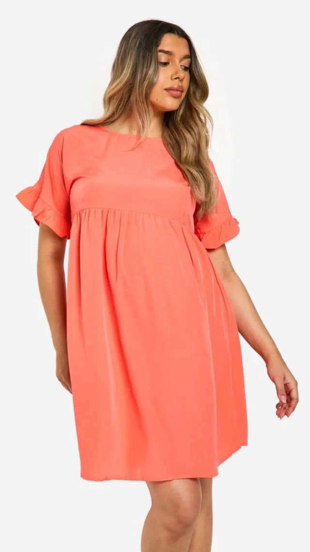 Coral Maternity Frill Sleeve Smock Dress