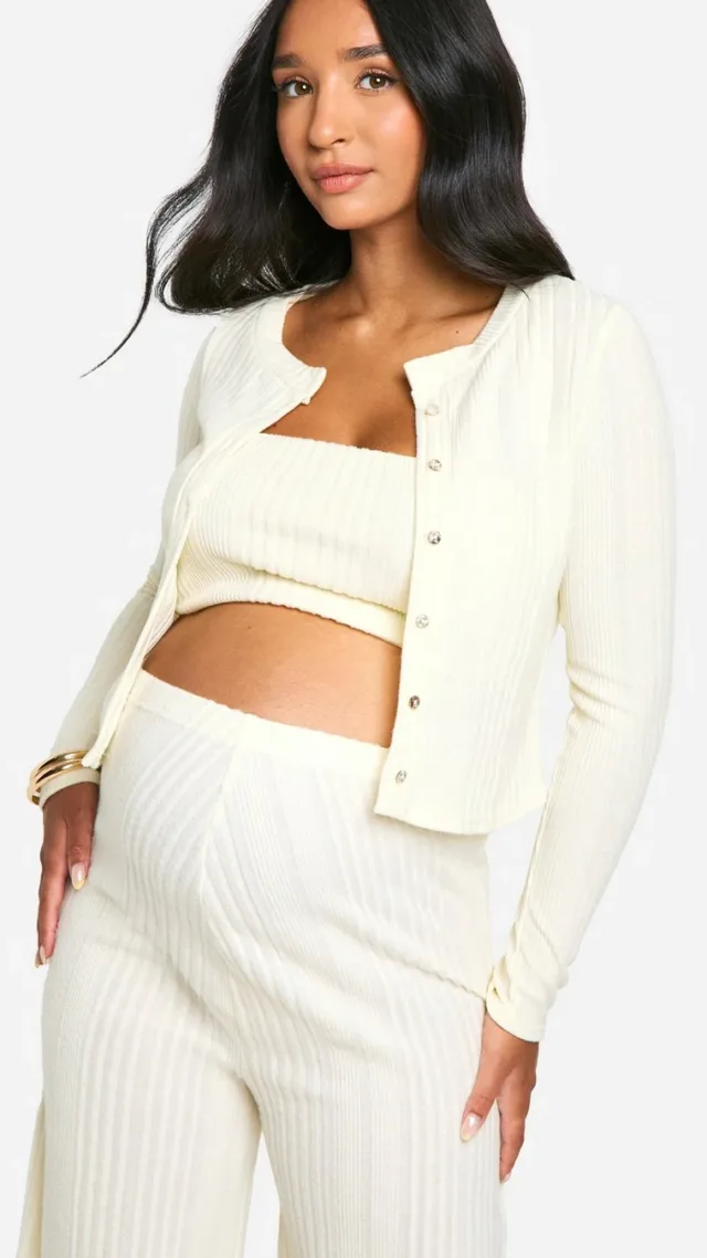 Cream Emily Shak Maternity Soft Rib Cardigan Set