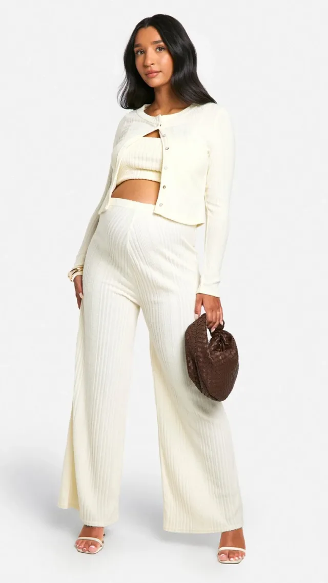 Cream Emily Shak Maternity Soft Rib Wide Leg Pants