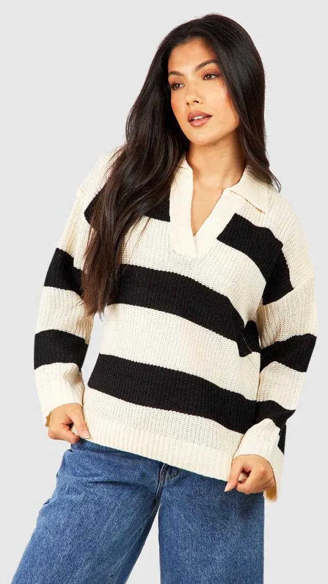 Cream Maternity Collared Stripe Knitted Sweater