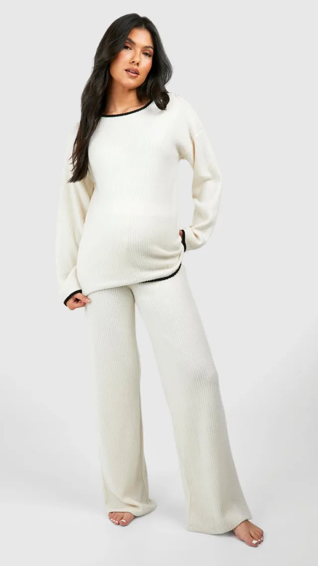 Cream Maternity Contrast Soft Rib Loungewear Set