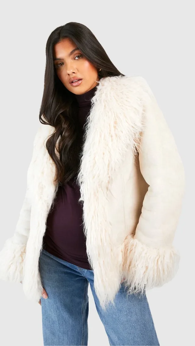 Cream Maternity Faux Fur Trim Jacket